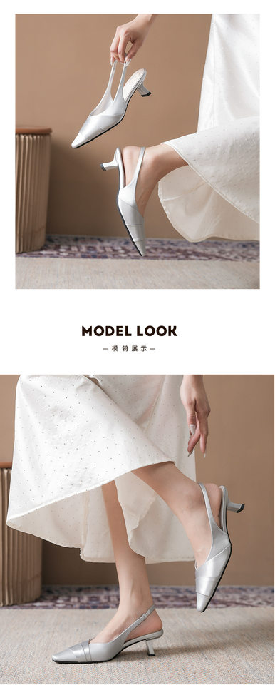 Sandal nữ bít mũi hở gót vải satin mũi vuông gót thấp thanh lịch — Màu bạc, Màu hồng nhạt, Màu trắng ngà chi tiết 10