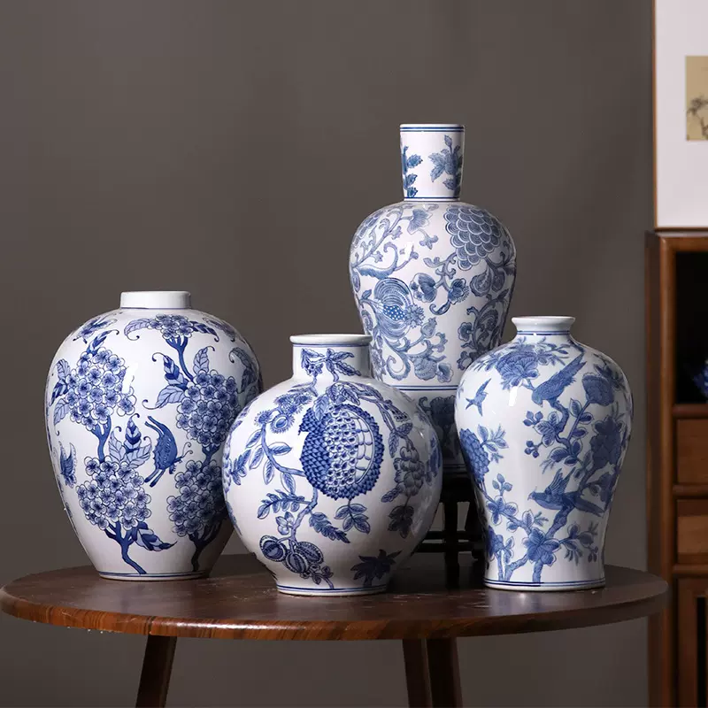 青花瓷花瓶摆件民宿样板房酒店家居客厅中式手绘陶瓷花瓶水培插花