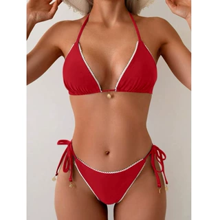 2027欧美外贸新款性感bikini分体三角系带比基尼纯色亚马逊游泳衣