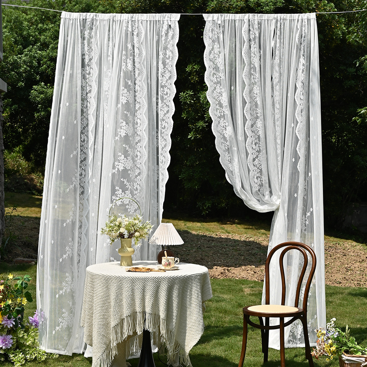 Amazon 2PC/Set Encaje por urdimbre Encaje vertical de doble fila Encaje Cortina de cortina semi-opacable al aire libre pastoral