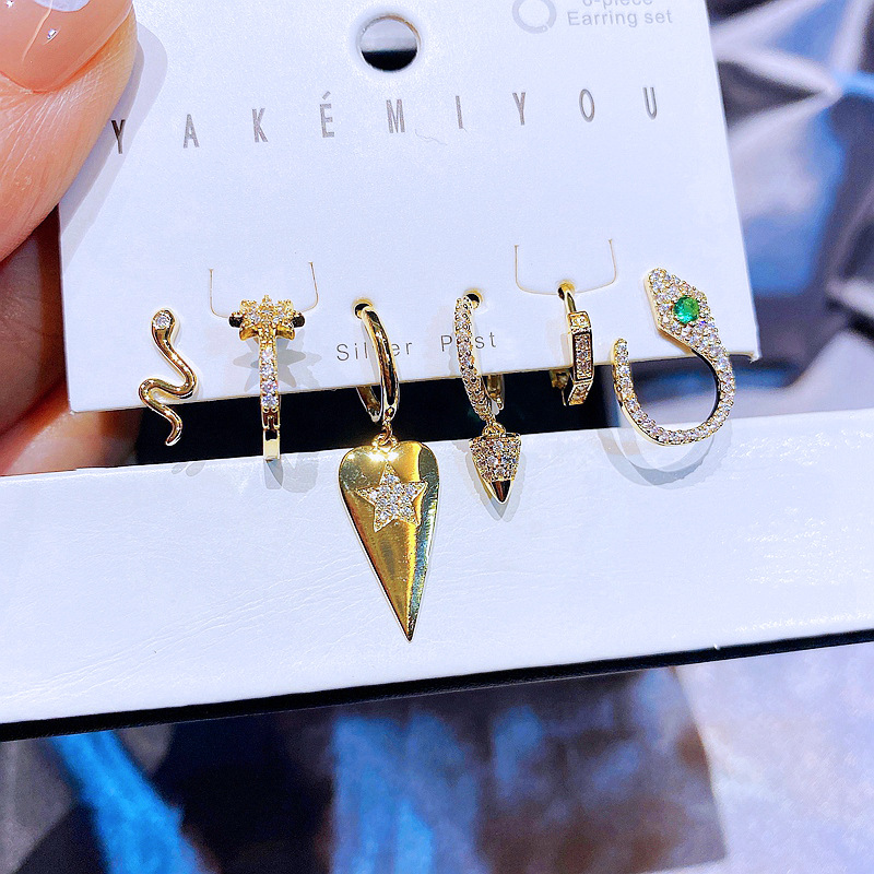 Yakemiyou Fashion Zircon Geometric Heart-shaped Snake Copper Stud Earrings Set display picture 1