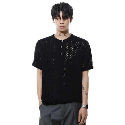 Knitted shirt, short-sleeved T-shirt, men, hollow ice silk, breathable summer, Henry collar, old money style, casual cross-border factory wholesale