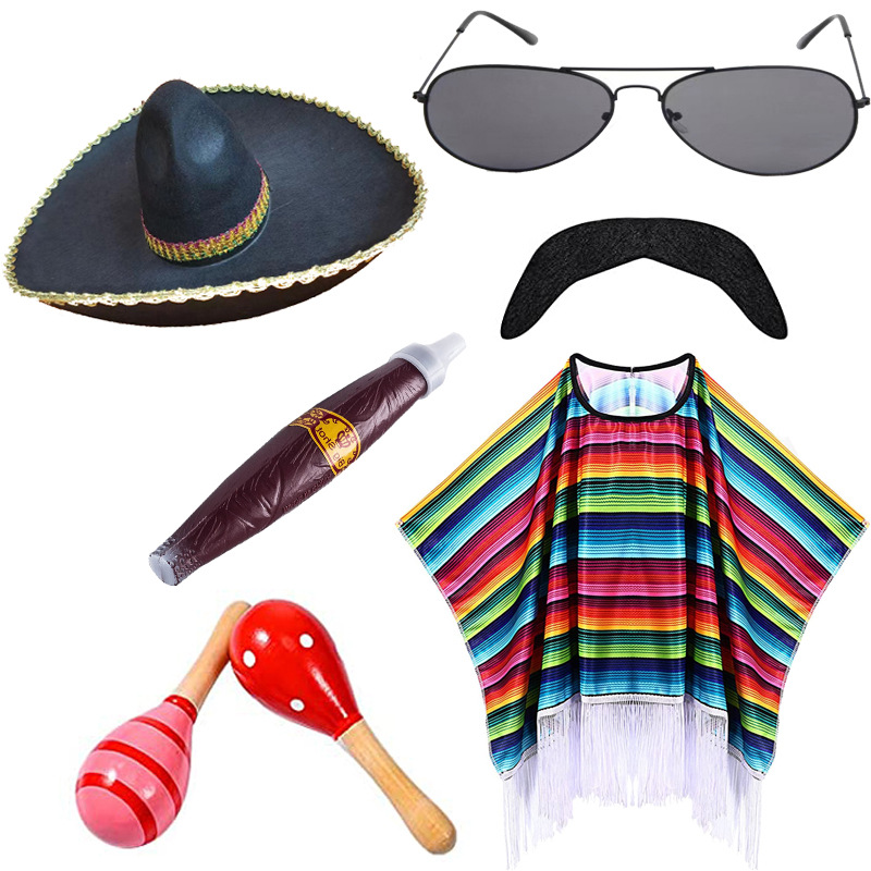 墨西哥披肩萬聖節披風cosplay舞會派對墨西哥帽子成人彩條斗篷