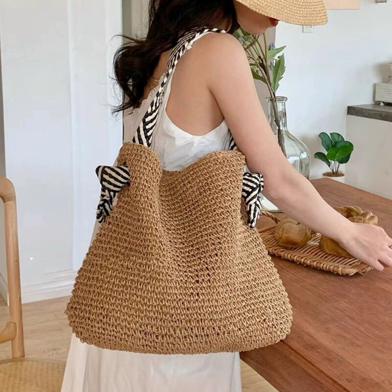 (Navy Style Straw Bag with Long and Short Shoulder Straps, Beach Bag, Versatile Webbing, Contrasting Color Bucket Bag, Woven Bag, One-Shoulder Bag for Women) (Navy Style Straw Bag with Long and Short Shoulder Straps, Beach Bag, Versatile Webbing, Contrasting Color Bucket Bag, Woven Bag, One-Shoulder Bag for Women)