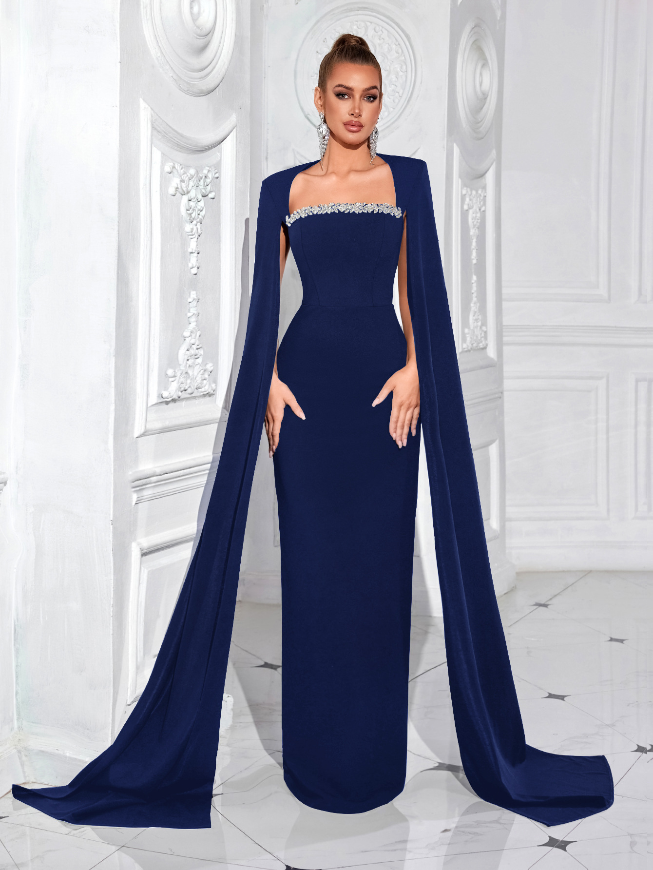 Vestido de noche con costuras de diamantes con cuello de una línea sexy transfronterizo europeo y americano