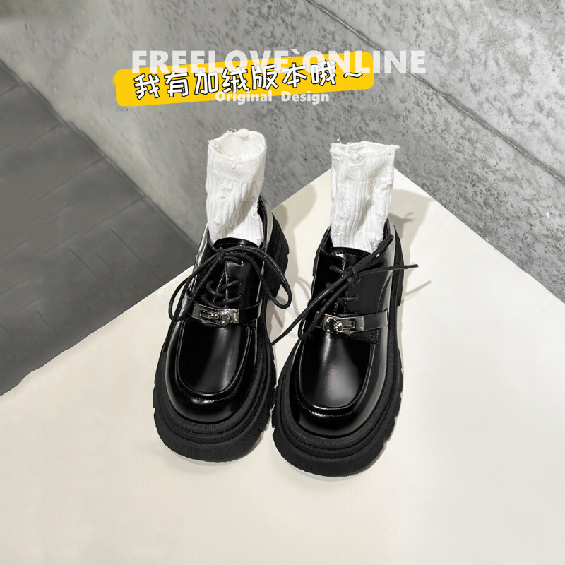 香港真皮厚底乐福鞋女2025秋季新款锁扣松糕复古JK小皮鞋增高单鞋