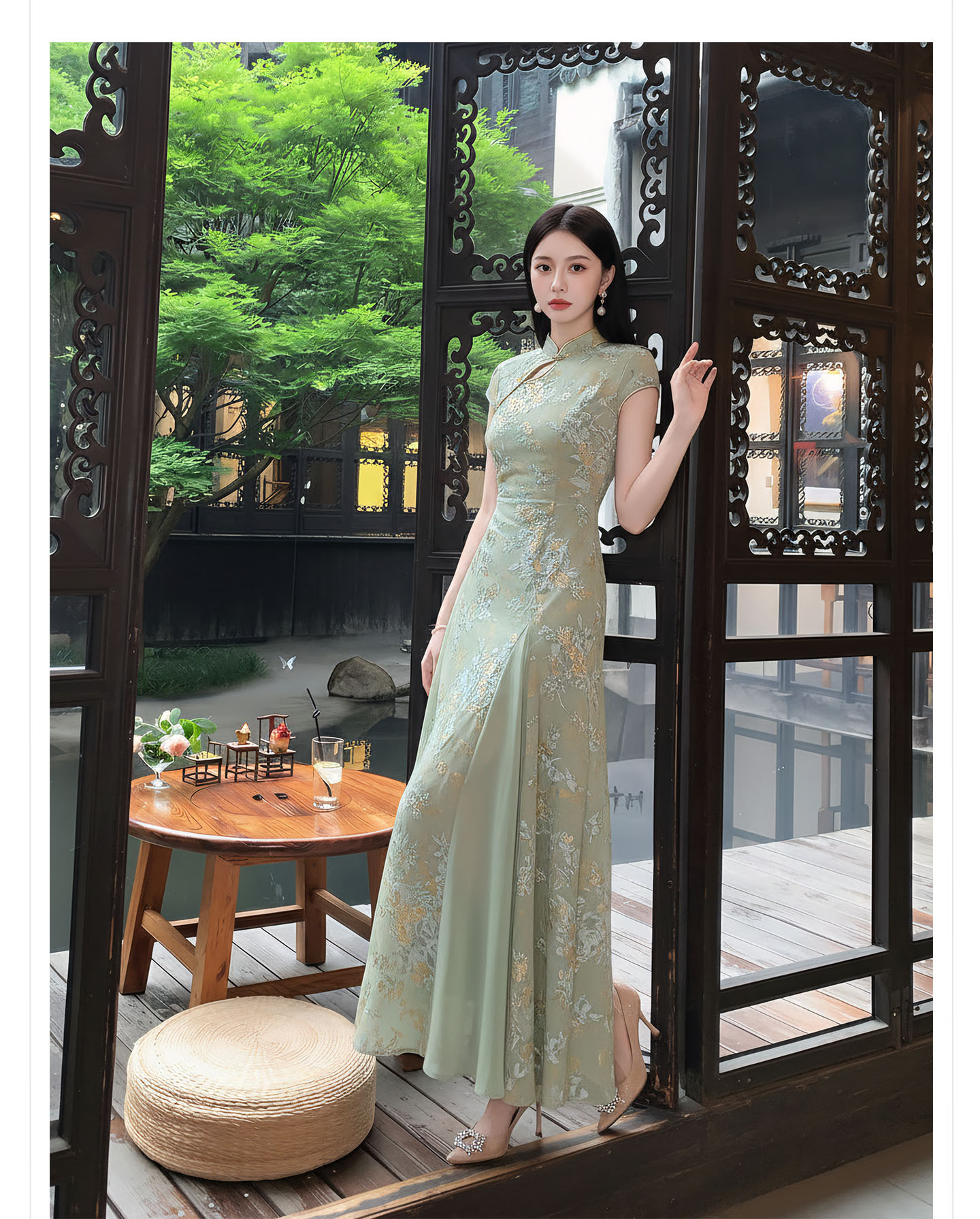 Đầm maxi nữ cổ đứng ren hoa thêu tay dài — Xanh lá cây nhạtcolor chi tiết 9