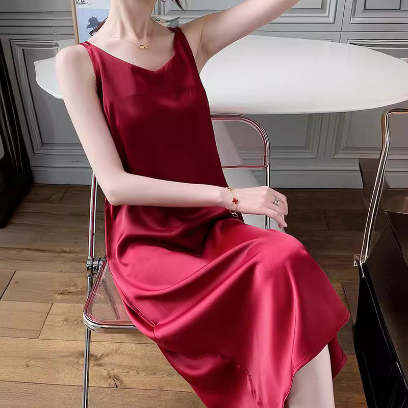 夏季新款醋酸缎面吊带裙女 外穿无袖内搭显瘦A字裙黑色长款连衣裙|undefined