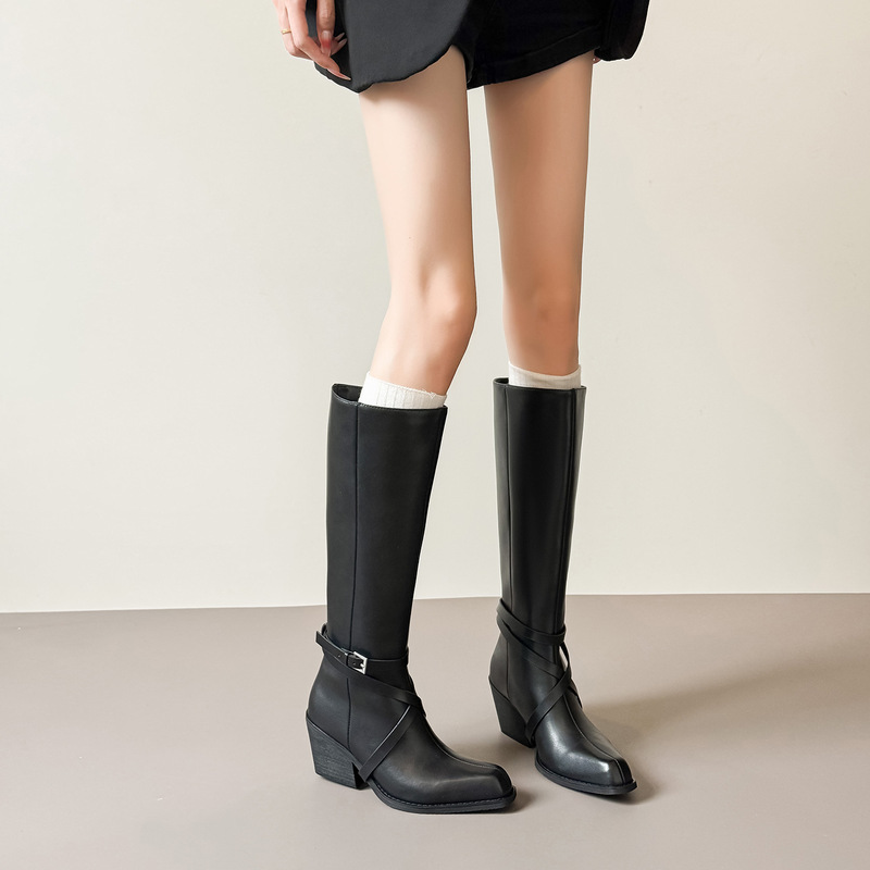 Boots in the Same Style as the Ones Worn by Stay-At-Home Moms~ Retro Square-Toe High-Heeled Leather Boots, Martin Boots, Chunky-Heeled Long Boots, Women's High-Tube Riding Boots Boots in the Same Style as the Ones Worn by Stay-At-Home Moms~ Retro Square-Toe High-Heeled Leather Boots, Martin Boots, Chunky-Heeled Long Boots, Women's High-Tube Riding Boots