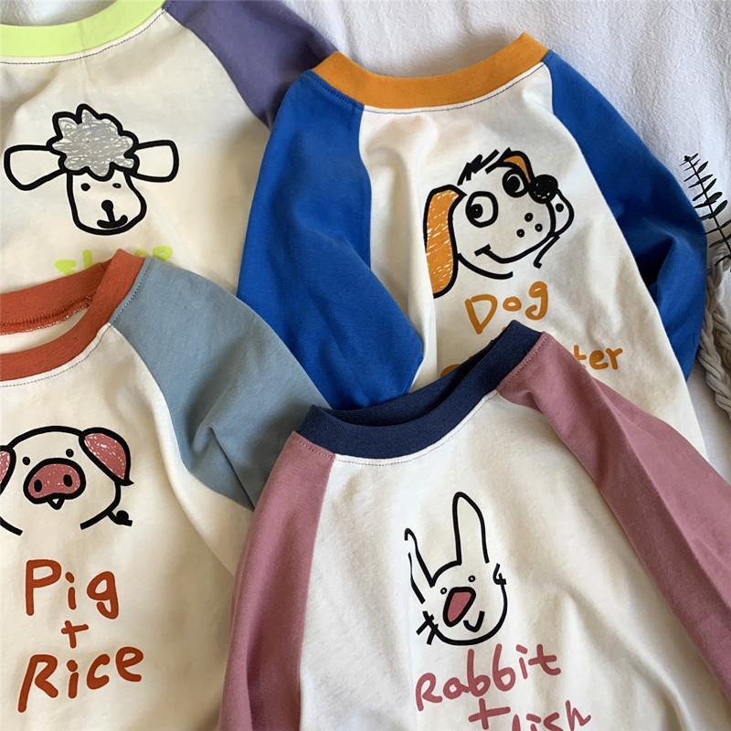 Children's funny and cute ~ 2024 spring contrasting T-shirt cartoon animal print ragdoll long sleeve round neck pullover casual top