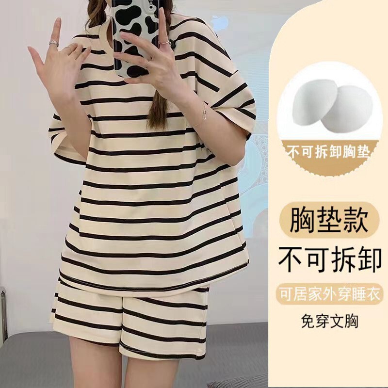 Pajamas for Women Summer Short-Sleeved Sweet with Chest Pad Korean Style Cartoon Student Casual Home Wear Loose Large Size Summer Pajamas for Women Summer Short-Sleeved Sweet with Chest Pad Korean Style Cartoon Student Casual Home Wear Loose Large Size Summer