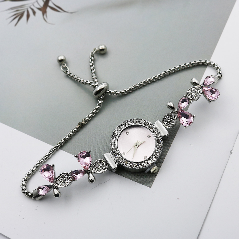 Watch with Diamond-Encrusted Floral Design, Women's Watch with Butterfly Pull-Out Quartz Movement, Silver Bracelet Watch, Large Dial Wristwatch, Foreign Trade Model