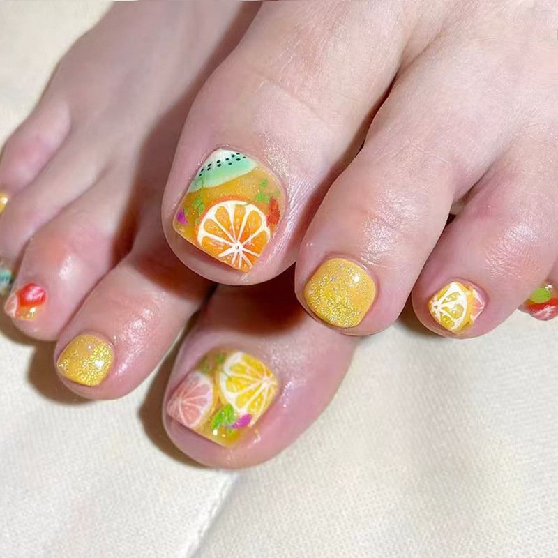 Short Glossy European and American Style Cross-Border Foreign Trade Spring and Summer Fruit-Colored Yellow Lemon Orange Sweet and Cute Toenails 24 Pieces