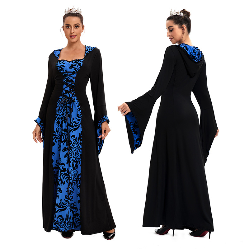 Las mujeres europeas y americanas populares cena medieval con capucha gran swing vestido impreso retro artístico de manga larga con cordones de cintura