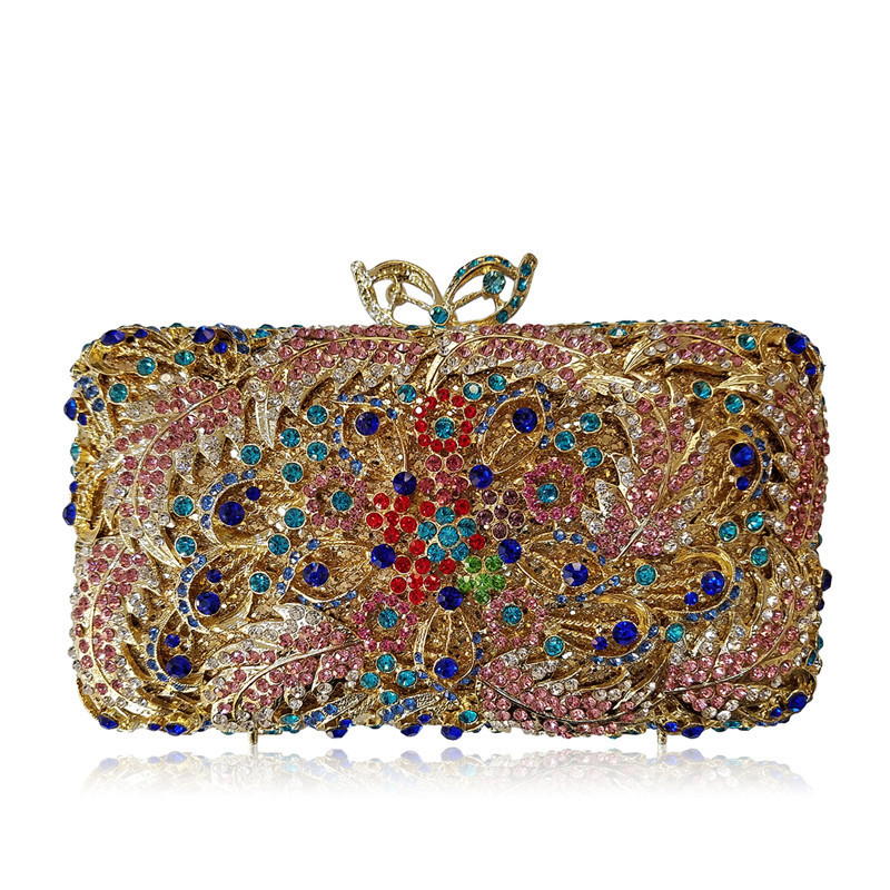 * bolsas de mano de diamantes europeos y estadounidenses bolsas de cena de cristal metálicas perforadas bolsas de novia de diamantes manuales