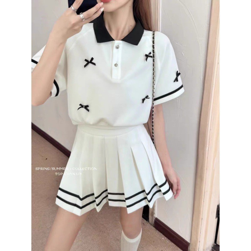 TOP学院时尚套装女夏季撞色立体蝴蝶结短袖T恤高腰百褶裙两件套|undefined