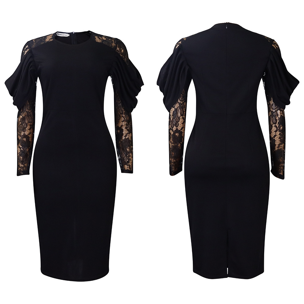 Women's Sheath Dress Elegant Round Neck Lace Long Sleeve Solid Color Knee-Length Holiday Daily display picture 37