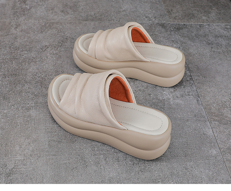 Dép sandal nữ đế xuồng cao gót da bò thật — màu be chi tiết 15