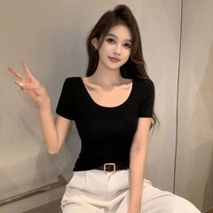 黒いモーダル双U襟半袖tシャツ女性2025春夏薄い氷糸マスク低襟ガードル半袖