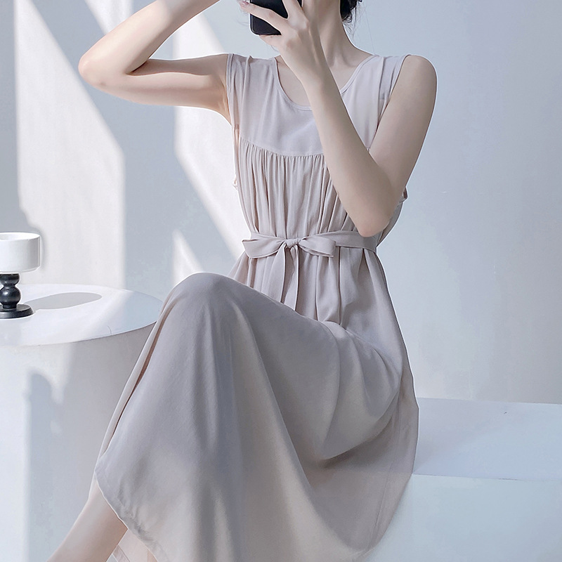 棉绸无袖睡裙女2025年夏季薄款宽松大码圆领中长裙人造棉沙滩裙子
