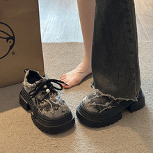 大头系带小皮鞋女2025春季新款小个子厚底女鞋子时尚增高乐福单鞋