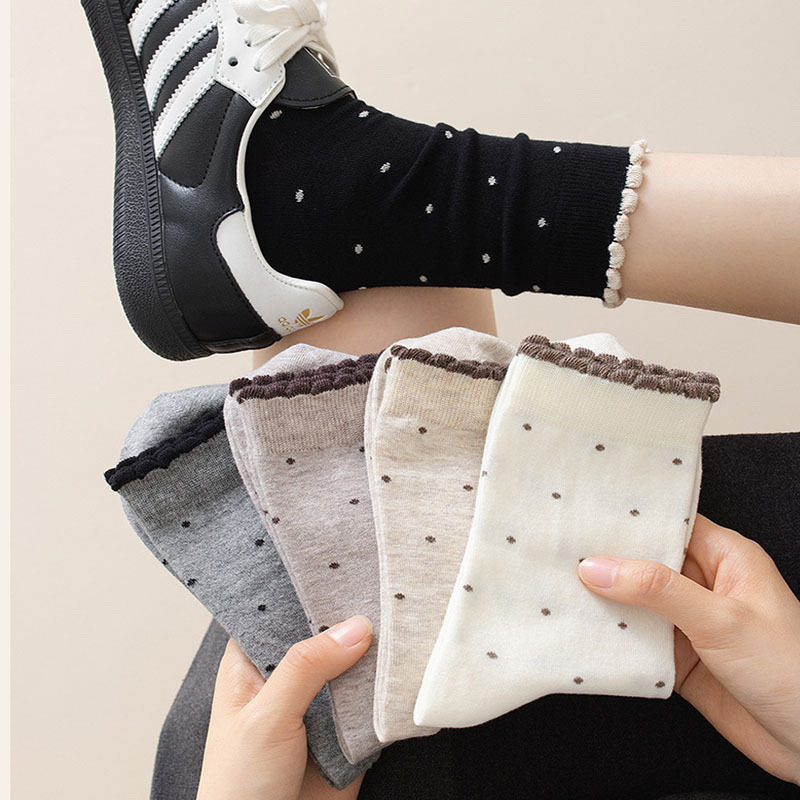 Women's Mid-Length Socks for Spring, Autumn, and Winter with Polka Dots and Lace Trim, Trendy with Birkenstock Shoes, New Style Slouch Socks Women's Mid-Length Socks for Spring, Autumn, and Winter with Polka Dots and Lace Trim, Trendy with Birkenstock Shoes, New Style Slouch Socks