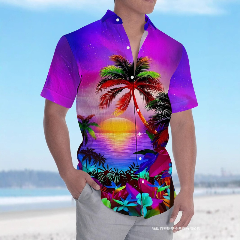 2025 New Cross-Border Hawaiian 3D Printed Short-Sleeved Shirt Flap Pocket Pants Loose Summer Fashion Men's Shirt Pod Customization