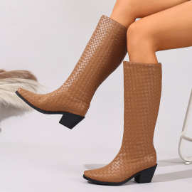 冬季新款欧美百搭编制性感文艺复古粗跟尖头长高筒大码瘦瘦女靴子