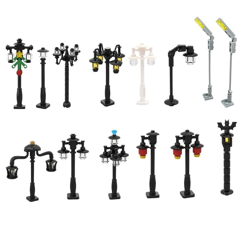 Сбор небольших зернистых строительных блоков MOC городской пейзаж украшения уличного фонаря фонарного столба поезда сигнальные световые аксессуары сцены освещения
