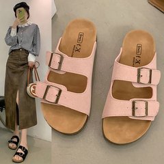 夏季韓版休閒一字扣帶拖鞋女外穿復古文藝軟木厚底露趾沙灘涼拖鞋