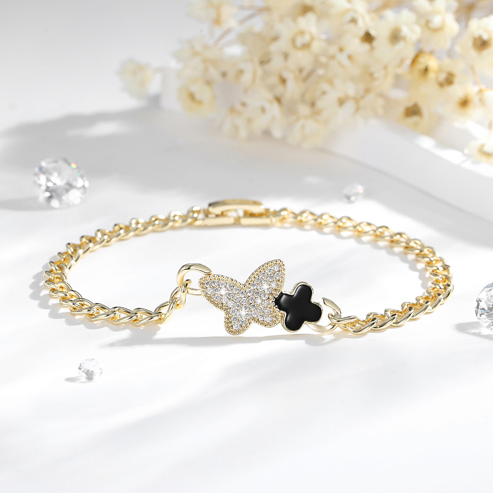 Amazon joyería caliente cobre 14k oro mariposa collar O-chaîne de joyería set de pulseras de tetra hoja de piedra