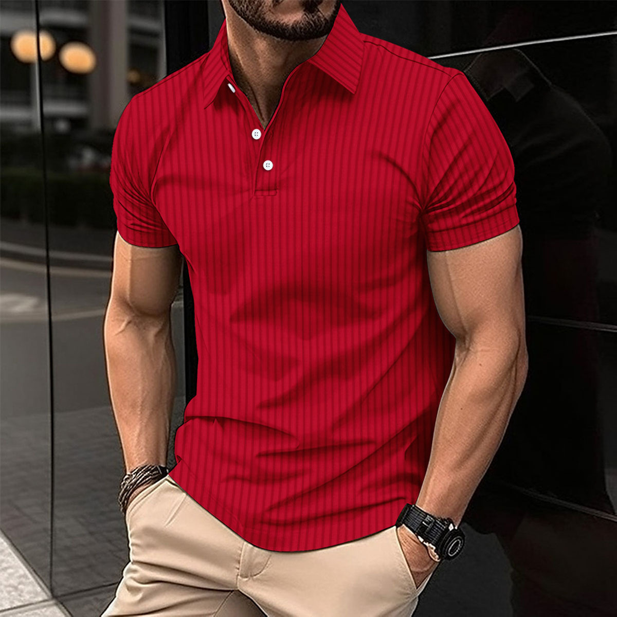 Men's Vertical Stripe Polo Shirt Lightweight Breathable Casual Top_voghion.com