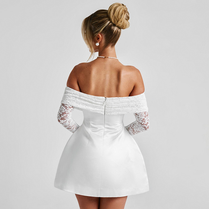 2025 verano nuevo estilo europeo y americano transfronterizo ropa de mujer de un solo hombro top de tubo de manga larga sexy vestido de encaje delgado en forma de A image 3