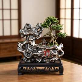 新中式仿古创意仿太湖石刻竹陶瓷土培盆景盆桌面造景装饰绿植花盆