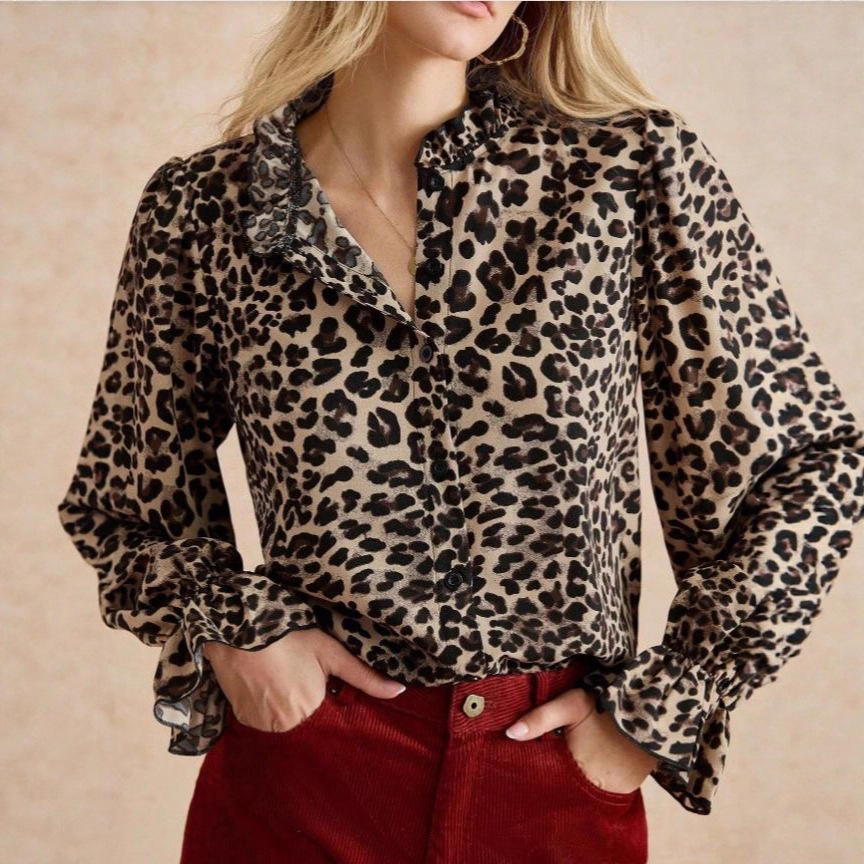 European and American Foreign Code Cross-Border Amazon 2025 Spring & Fall New Casual Leopard Print Stand-Up Collar Cardigan Long-Sleeved Shirt for Women
