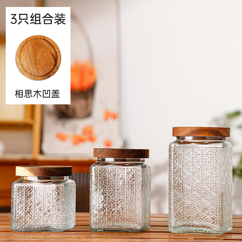 Hogar vintage Begonia flor realzada snack caramelo almacenamiento tarro bambú cubierta americana cocina transparente vidrio sellado frasco