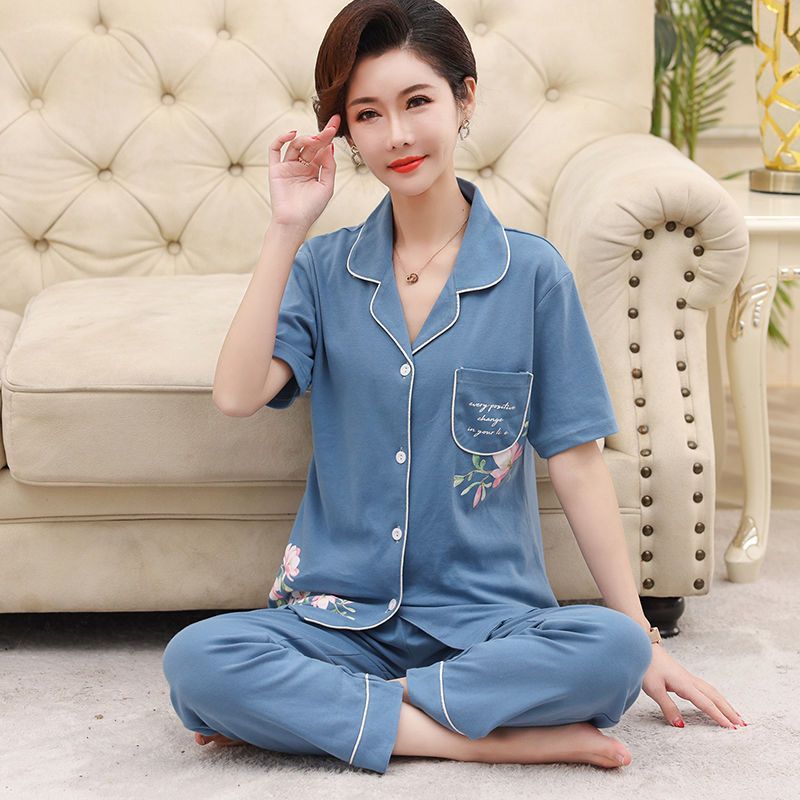 100% pijamas de algodón de verano de las mujeres pantalones de manga corta de mediana edad madre más tamaño cardigan traje de mediana edad y ancianos ropa para el hogar