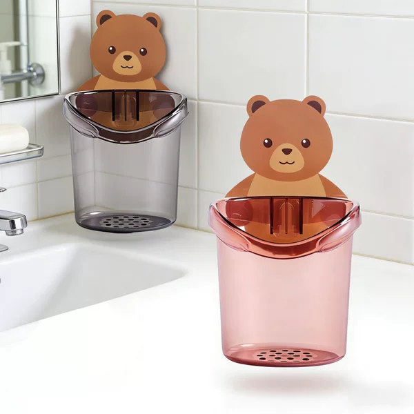 Bear-shaped cup holder for toothbrush and toothpaste, no-drill installation, bathroom wash cup storage rack, high aesthetic value