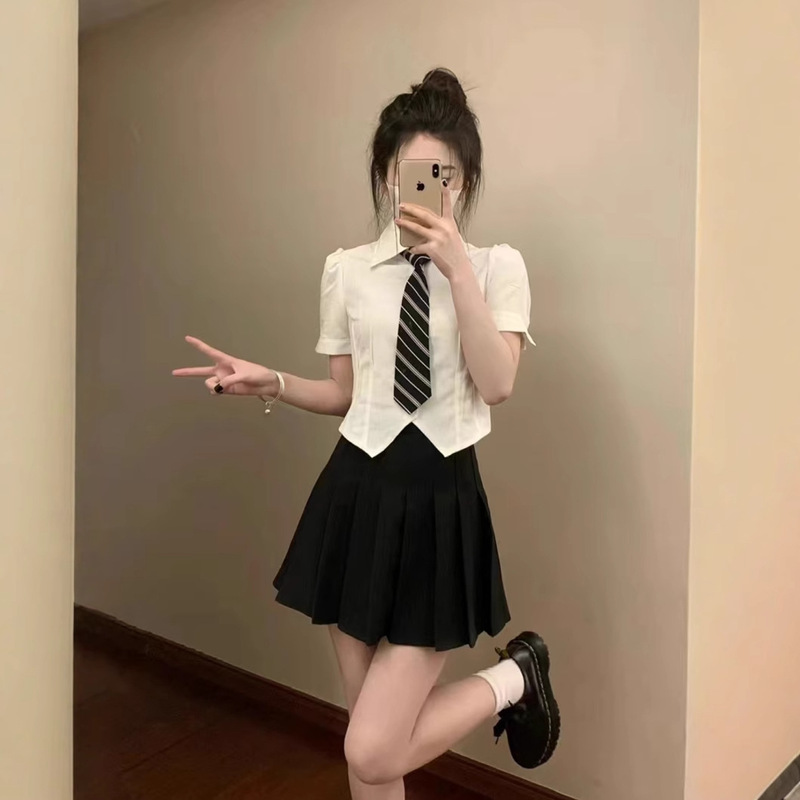 JK Uniform Set Summer College Wind Wash White Shirt Blouse Short Sleeve Design Sense Slim Fit Tops