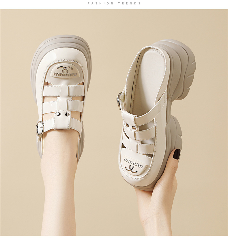 Dép sandal nữ quai chữ V đế xuồng dày 5 cm, phong cách La Mã, mũi kín, kiểu lười khoét lỗ — JST 7131 màu đen, JST 7131m màu chi tiết 12