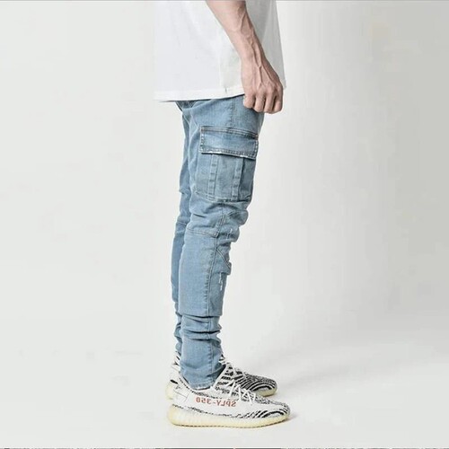 2025 European and American Men's Jeans with Multiple Pockets, Work Style, Tailored, Elastic, Side Pockets, Small Footprint