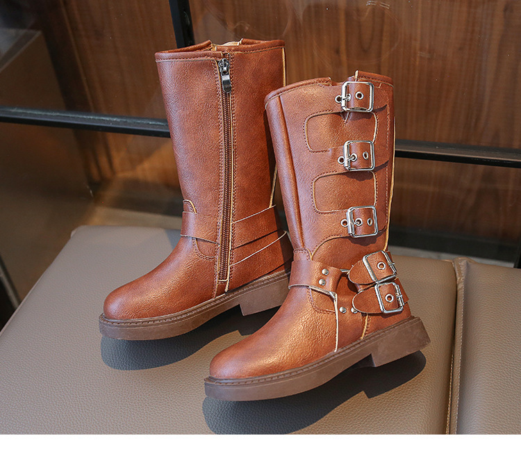 Bottes Martin montantes en cuir noires à fermeture éclair latérale pour filles et garçons de taille moyenne et grande, nouvelle collection automne 2024_voghion.com