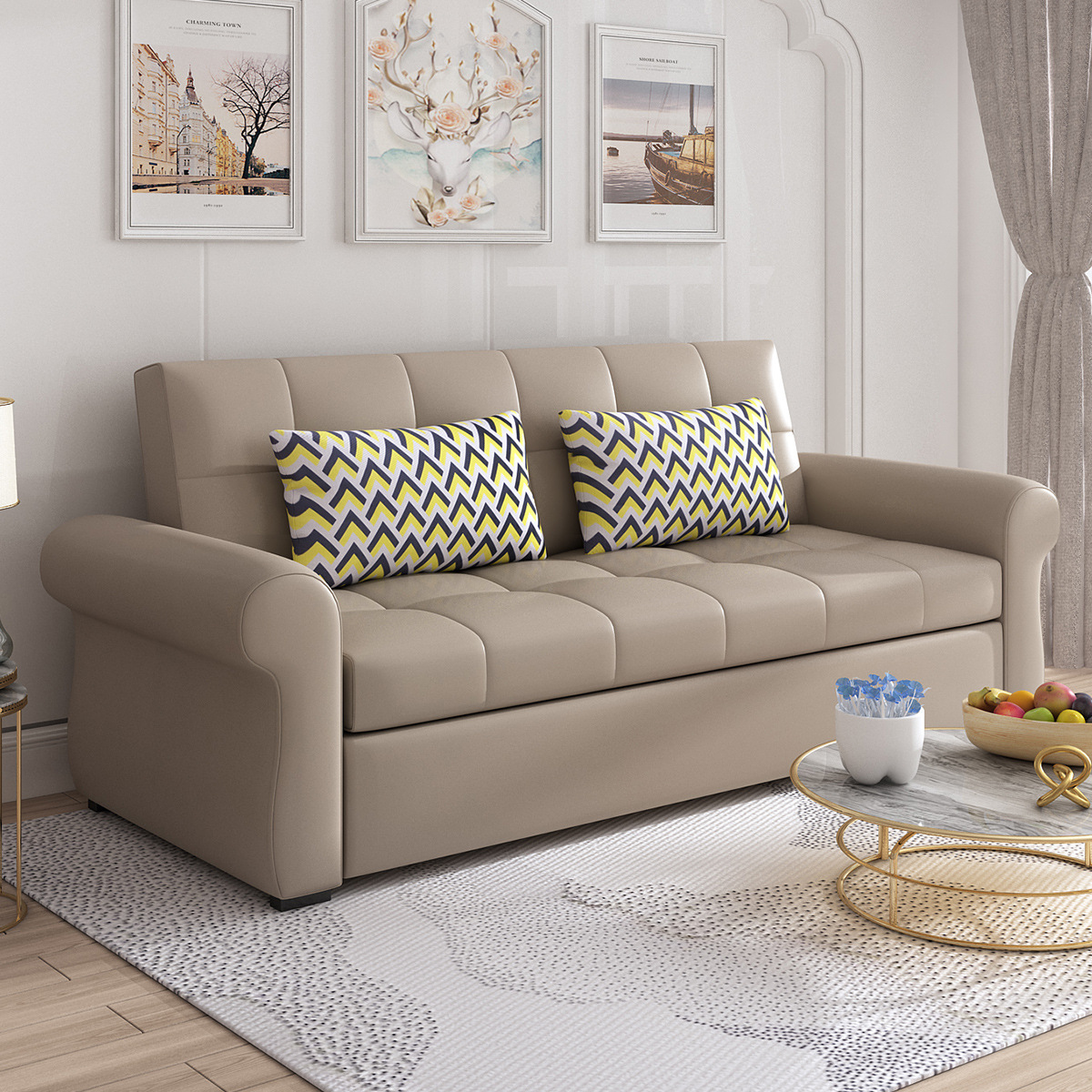 Sofá cama multifuncional verde claro pequeño tipo de casa de látex doble doble triple plegable sofá cama de cuero