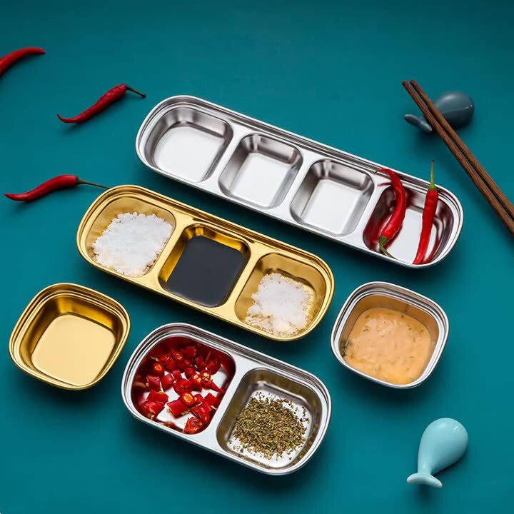 304 Stainless Steel Seasoning Dish, Divided Condiment Dish, Barbecue Dipping Dish, Three-Compartment Japanese-Style Household Utensil