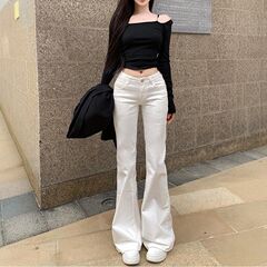 女性用ホワイトデニムマイクロフレアパンツ、スリムフィット、ストレッチストレート、多用途、プラスサイズ、ファットmm、ハイウエスト、馬蹄フレアパンツ