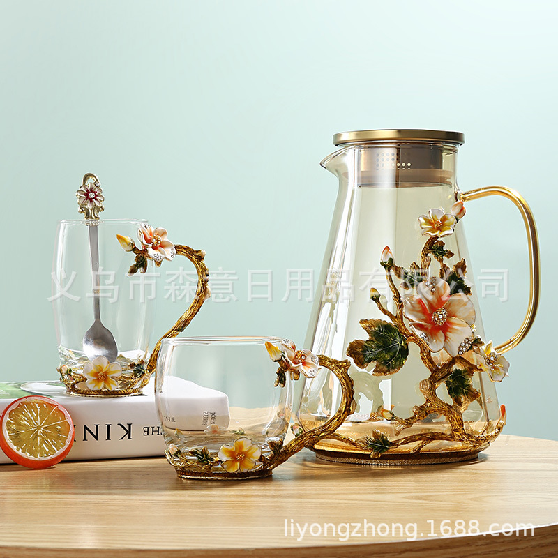 Esmalte taza de agua de color flor creativa taza de té taza de jugo taza de vidrio de cristal resistente al calor taza de café taza de pareja de gama alta regalo de la taza