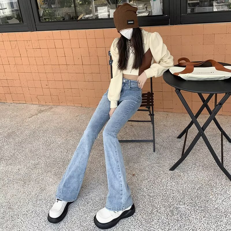 微喇叭牛仔裤女2025年春秋新款浅蓝色高腰修身显瘦小个子马蹄裤子|undefined