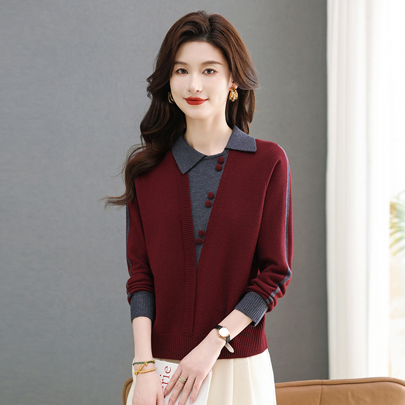 Fake Two-piece Top Women's 2024 New Fashion High-end Inner Base Wool Sweater Autumn and Winter Hot Red Sweater