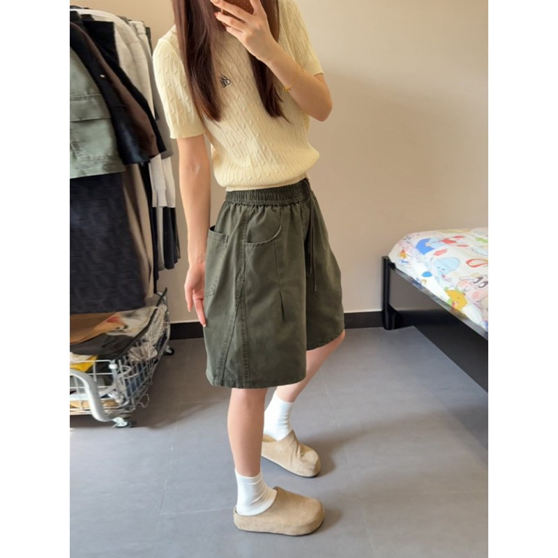 American-Style Washed Green Work Shorts for Men and Women, Summer Cleanfit Loose Wide-Leg Mid-Length Shorts, Couple's Casual Five-Point Shorts