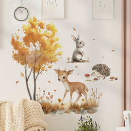 跨境热销小鹿树林贴纸兔子儿童房装饰可移除墙贴房门水彩植物贴纸